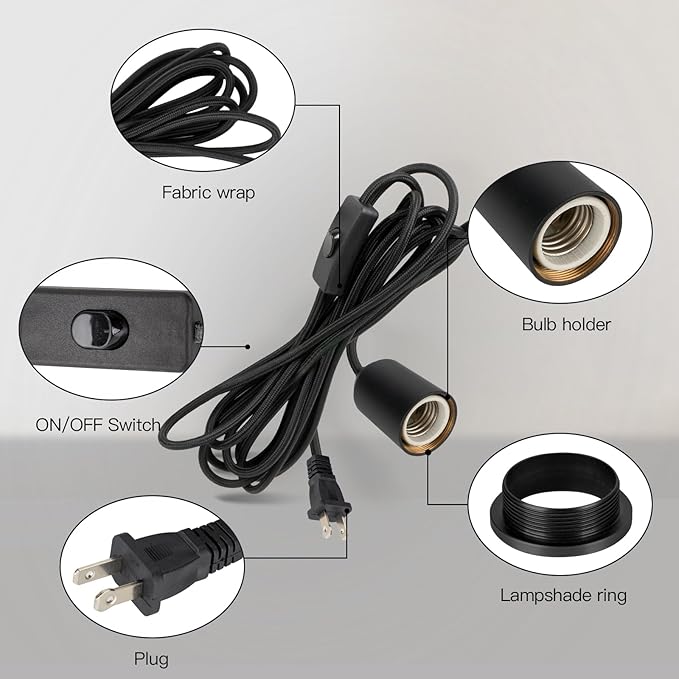 Hanging Light Cord Kit with Plug,Pendant Lamp Rope with Switch,Ceramic Bulb Socket,for DIY Lampshade Replacement Lantern Cord,Swag Lamp kit Plug in,Cloth Wrapped 15ft Black 2Set