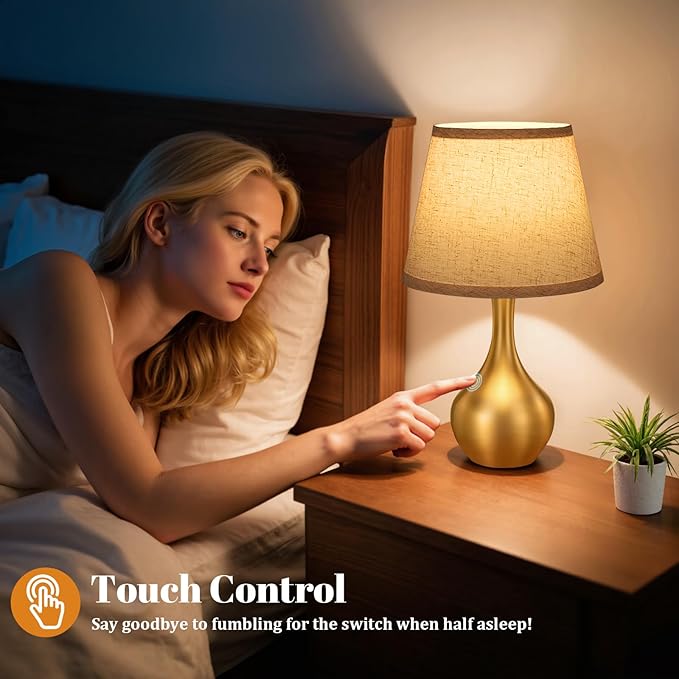 Seealle Touch Table Lamp for Bedroom, 3-Way Dimmable Small Bedside Lamps for Night Stands with Wires, Gold Desk Lamp for Kids Room, Office, Living Room, End Table(LED Bulb Included)