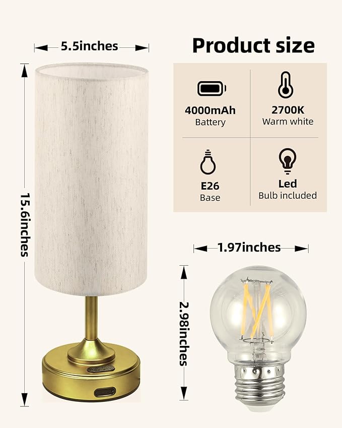 Battery Lamp, Dimmable, Ambient Light, 2700K, Timer, Touch Control, Portable, LED, Battery Operated, Rechargeable, Wireless, Cordless, Desk Lamp, Kitchen Lamp, Fabric Shade, for Bedroom, Living Room