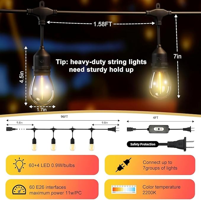 100FT LED Outdoor String Lights with 60+4 Waterproof Bulbs(1.5FT Bulbs Spacing), Remote & Dimmer, Commercial Grade Patio Lights with 3 Mode Light & Timing, 100PC Ties