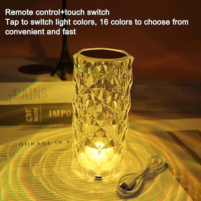 Can Switch 16 Colors Artificial Crystal Table Lamp, RGB Color Changing Rose Diamond Design with Remote Control USB Charging Touch Sensor Ambient Lighting for Living Room Party (3 Colors-Large)