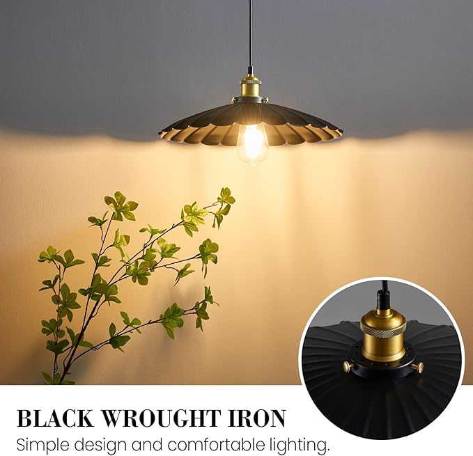 Hanging Light Fixture, Metal Pleated Lampshade Kitchen Island Pendant Lights Black Hanging Light Fixture 15.7 Inch Hanging Pendant Light Height Adjustable