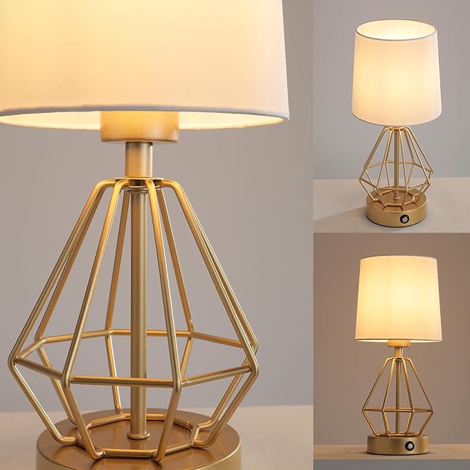 Gold Cordless Lamp,Touch Stepless Dimming,8000mAh Rechargeable Battery Table Lamp,Gold Cage Frame Wireless Lamp,White Lampshade,14.7inches Tall