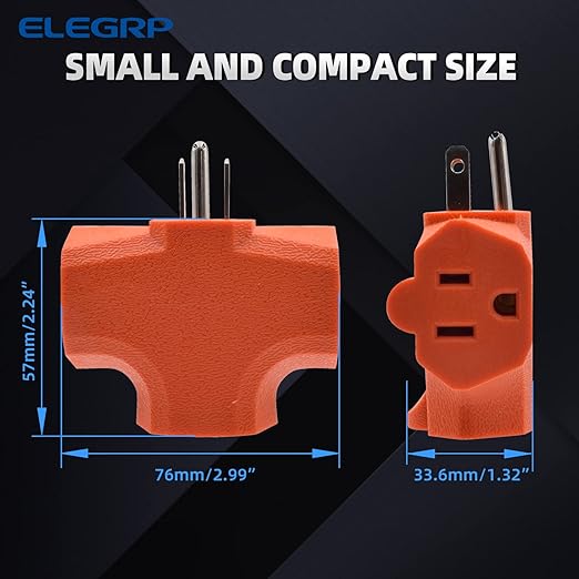 ELEGRP 3-Prong Heavy Duty Power Extender to Triple Outlet in T Direction, Multi-Directional Grounded Wall Tap Outlet Extender with 3 Prong Plug-in, 15-Amp, 125-Volt, ETL Listed, 1 Pack, Orange