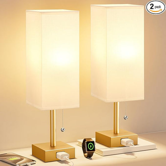 Gold Bedside Table Lamps for Bedroom - Small Nightstand Lamp Set of 2 with AC Outlet Charging Port, 3 Color Temperatures Rectangular Desk Light, Tabletop Reading Lamp for Living Room/Dorm/Office