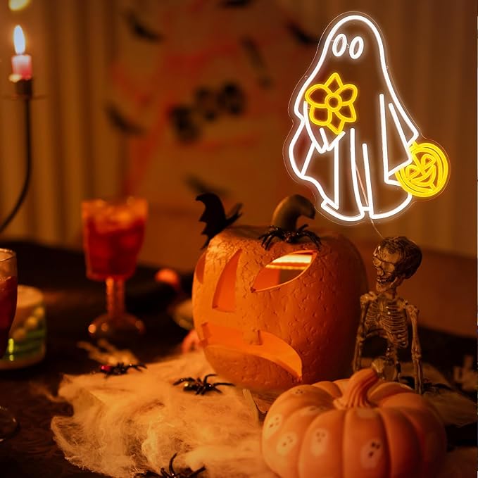 Ghost Neon Sign for Wall Decor Dimmable USB Powered Pumpkin Led Light sign Halloween Ghost Neon Light for Halloween Party Game Room Neon Decor (Yellow White)
