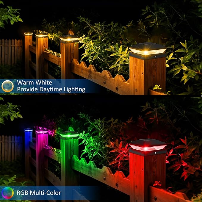 T-SUN Solar Post Cap Lights with Auto-Change Colors- for Wooden (4x4/6x6) & Vinyl (4x4/5x5) Posts | Weatherproof Outdoor Solar Fence Post Lights for Deck, Porch, Garden & Stairs(12-Pack,RGB)