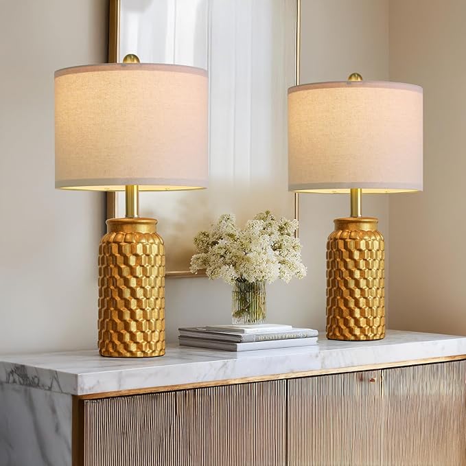 20.5" Gold Modern Ceramic Bedside Lamp Set of 2 for Bedroom Decor Farmhouse Table Lamp for Living Room Office Dorm