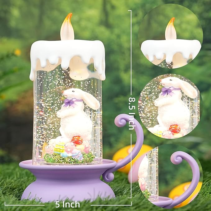 Easter Snow Globe Bunny Lantern with Swirling Glitter, USB & Battery Operated Easter Decorations for Home, Spring Tabletop Gifts