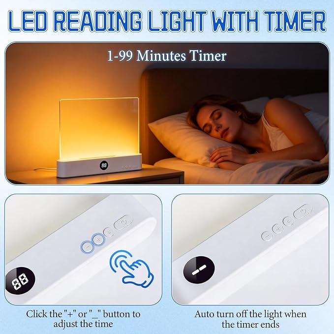 Flat Book Light, Rechargeable Clear LED Flat Reading Light with 3 Colors & Timer, Dimmable Panel Plate Book Lamp Full Page Light, Eye Protection, Book Lights for Reading at Night (Pink)