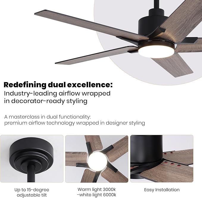 46 Inch Ceiling Fans with Lights and Remote Control for Bedroom, Modern Black Ceiling Fan with Quiet Reversible DC Motor, 3CCT, Dimmable, LED Lighting for Living Room, Patio, Indoor and Outdoor
