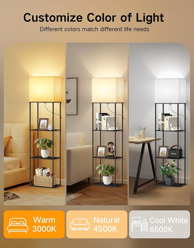 OUTON Floor Lamp with Shelves, Modern Large Size Rectangle Standing Shelf Lamp with 3 Color Temperature Bulb, Storage Display Wood Column Tall Bookshelf Lamp for Living Room, Bedroom Office, Black