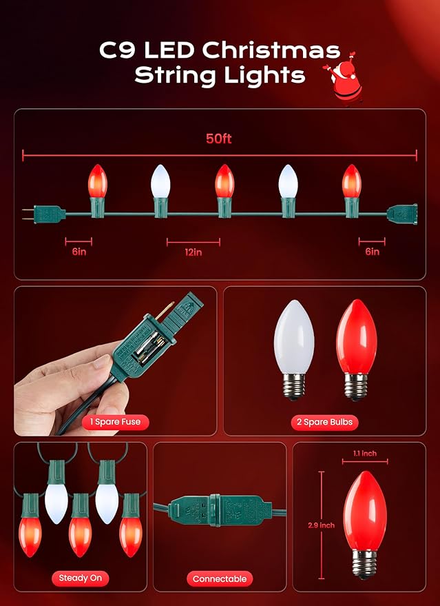 C9 LED Christmas Lights Outdoor, 50 FT 50 Red and Pure White Connectable C9 String Lights for Christmas Tree Patio Roofline Garden Backyard Holiday Party Indoor Outdoor Decoration, Green Wire