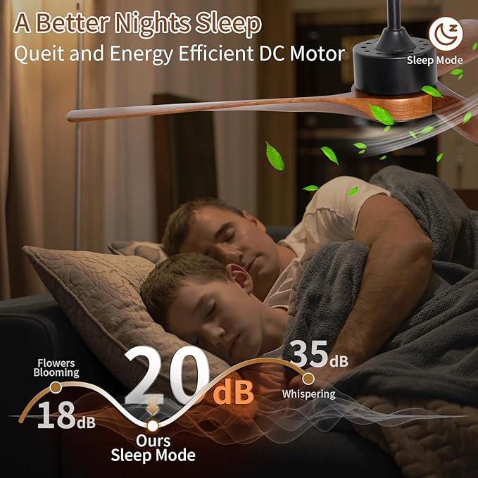 52inch Ceiling Fan with Lights,Wood Ceiling Fans with Remote Control,Dimmable Light,3 CCT,6 Speeds,Noiseless DC Motor,2 downrod,Ceiling Fan for Bedroom,Living Room,Office,Indoor,Dark Brown