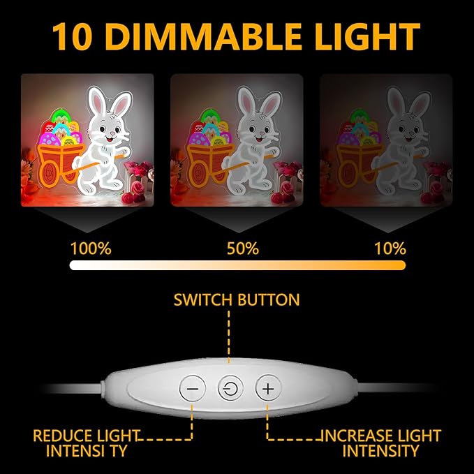 Easter Bunny Neon Sign Dimmable Easter Bunny with a Cart for Eggs Neon Light for Wall Decor Led Happy Easter Light Up Sign for Window