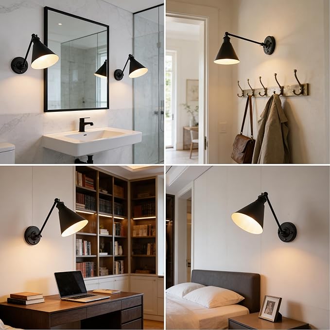 Industrial Vintage Slope Pole Wall Mount Single Sconce with Funnel Flared Metal Shade, Swing Arm Wall Sconce Light Lamp Fixture Hardwired