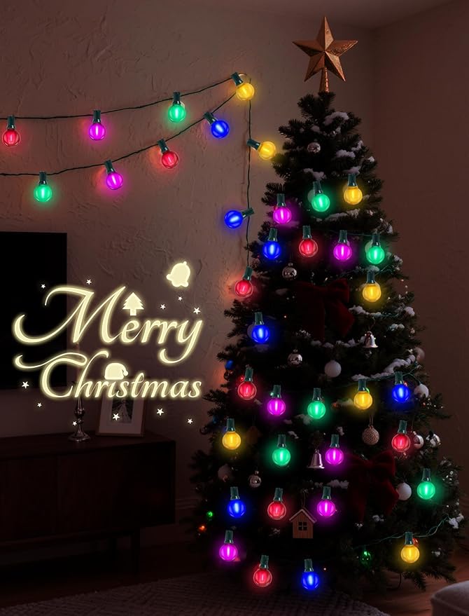 50Ft Outdoor Multicolor Christmas Lights, G40 Frosted Globe Patio String Lights with 27 Ceramic Colorful Bulbs(2 Spare), Connectable Vintage Christmas Bistro Lights for Holiday Party Backyard Christma