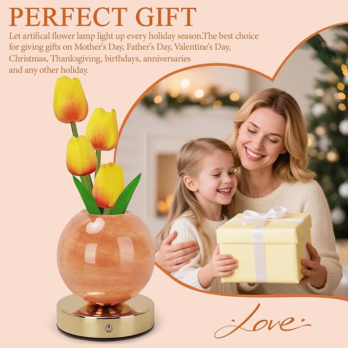 Tulip Table Lamp, Rechargeable Cordless Touch Dimming Artificial Tulip Flower Desk Lamp, LED Flower Bedside Night Light Romantic Gifts for Girl Women Mom (Orange)