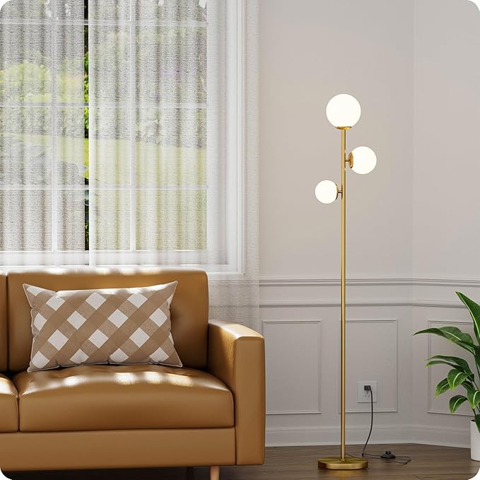 Floor lamp with 3 Frosted Glass Shades,Stangding Lamp Floor Lamps for Living Room Bedroom Office with 3 led Bulbs,Tall lamp with Foot Switch (Gold)