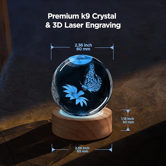 Crystal Ball Night Light - 60mm Glass Ball with Remote, Butterfly Figurines, Perfect for Home Decor, Gifts for Women, Kids, Teens