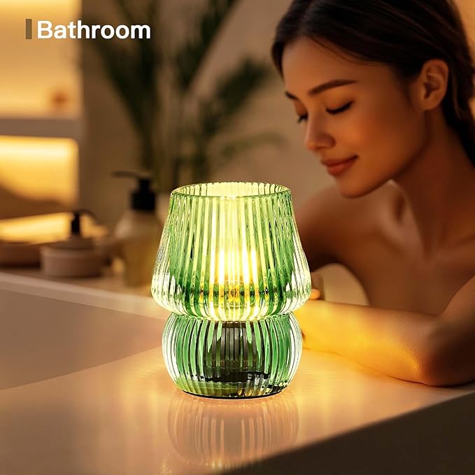 Small Battery Operated Lamp with Timer, Tiny Cordless Glass Table Lamp for Home Decor, Kitchen, Bathroom, Birthday Gift for Women, Mushroom, Green