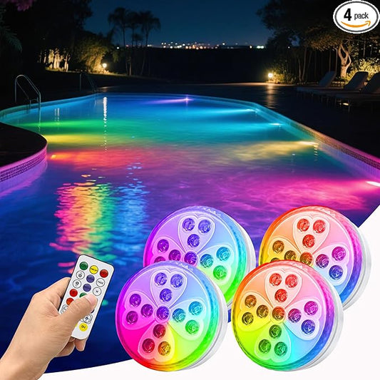 Pool Lights, 10 Colors Rechargeable Submersible LED Lights with Remote & 6 Modes, IP68 Waterproof Dimmable Shower Lamp, LED Underwater Light for Inground Above Ground Pool Party Hot Tub (4 Pack)