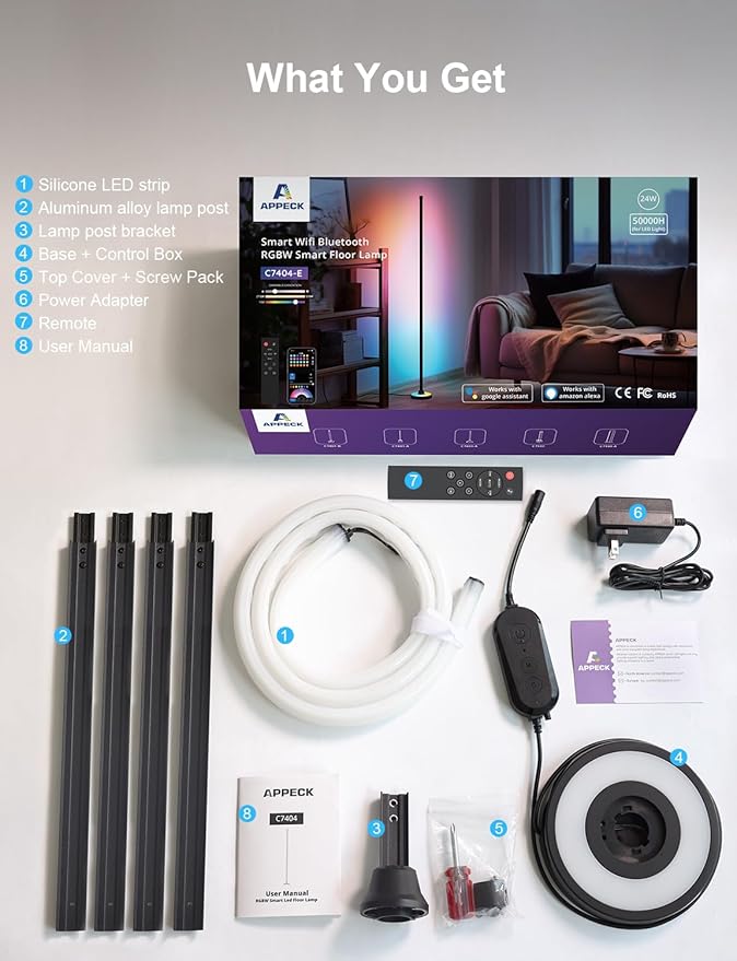 APPECK RGBW Corner Floor Lamp with Wi-Fi App Control, 60 Inch Smart Standing Lamps with 114 Scenes, DIY Mode, Music Sync, Modern Standing Lamps for Bedroom, Living Room