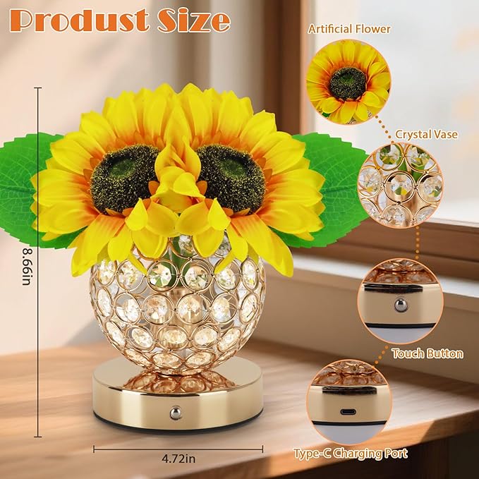 Sunflower Lamp, 3 Colors Desk Touch Control Lamp, Dimmable Fake Flower Crystal Night Light, Rechargeable Artificial Flower Lamp, Sun flower Bedside Lamps, Gifts for Mother Wife Girls Decor (Sunflower)
