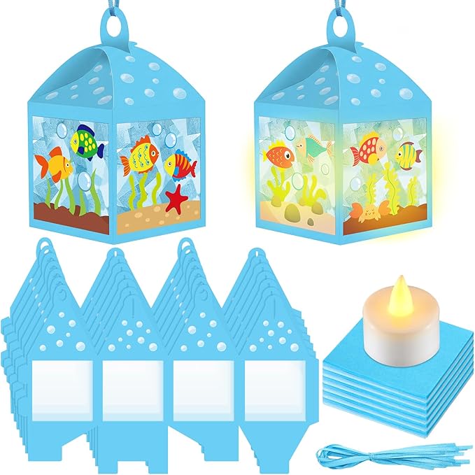 12 Sets Under The Sea Crafts with LED Candle Light DIY Summer Fish Fishbowl Tissue Paper Crafts Kits Make Your Own Under The Sea Party Aquarium for Summer Home Activities