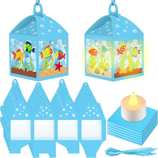 12 Sets Under The Sea Crafts with LED Candle Light DIY Summer Fish Fishbowl Tissue Paper Crafts Kits Make Your Own Under The Sea Party Aquarium for Summer Home Activities