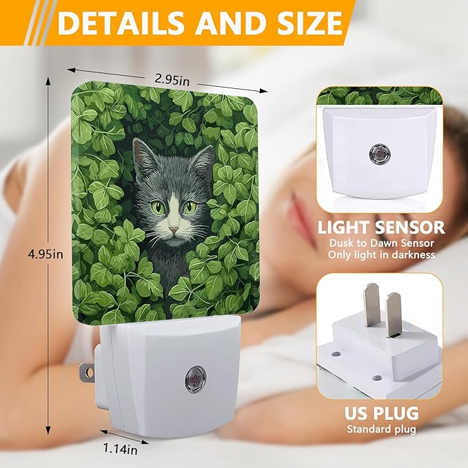 Black Cat in Leaves Night Light, Plug-into Nightlight White LED Lamp, Energy Efficient Decor Desk Lamp for Bedroom Hallway Stairs Bathroom