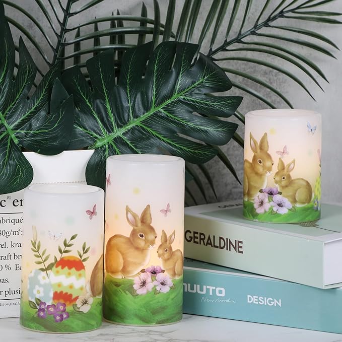 Eldnacele Easter Bunny Flameless Flickering Candles with 6H Timer Battery Operated Real Wax Candles Easter Eggs Lilies Rabbits Home Decor 4”5”6”H (3”D)