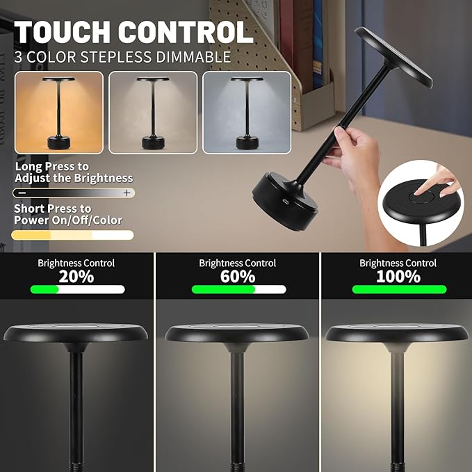 5200mAh Rechargeable Cordless LED Table Lamps Touch Sensor Light, 3-Levels Portable Dimming Wireless Battery Operated Lamp,Night Light/Restaurant Table/Outdoor/Coffee/Bar (Black Set of 2)