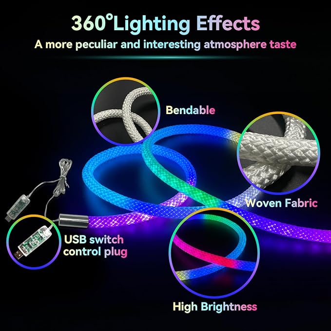 6.56ft Neon LED Rope Lights, 360 Led Light Strip Waterproof Strip with Music Sync,Remote & APP Control,USB-Powered Flexible Lighting for Indoor/Outdoor Gaming Room,Bedroom, and Wall Decor
