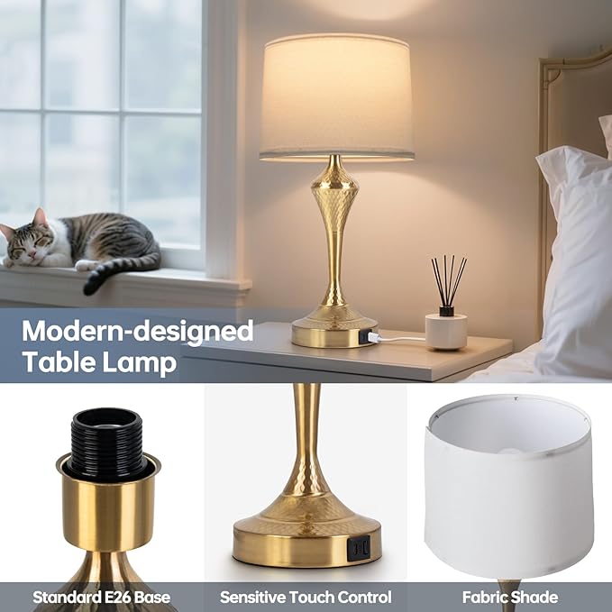 2 Pack Modern Touch Control Table Lamps with USB-C & USB-A Ports, 3-Way Dimmable Bedside Lamps, E26 Base Bulbs Included, for Bedroom Living Room, (Gold)
