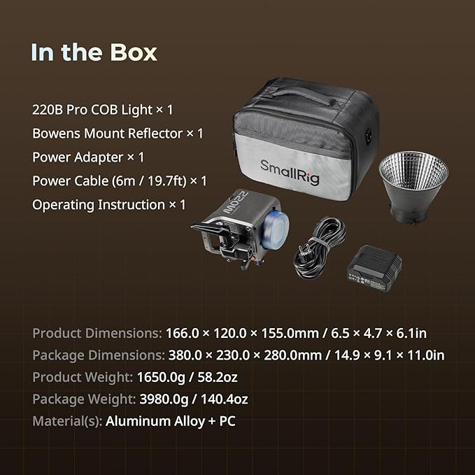 SMALLRIG RC 220B Pro 220W COB Video Light, Bi-Colour Video Light 2700K-6500K, CRI 95+ Bowens Mount Light, Support 3 Power Supply Methods, App Control for Photography and Photo Studio