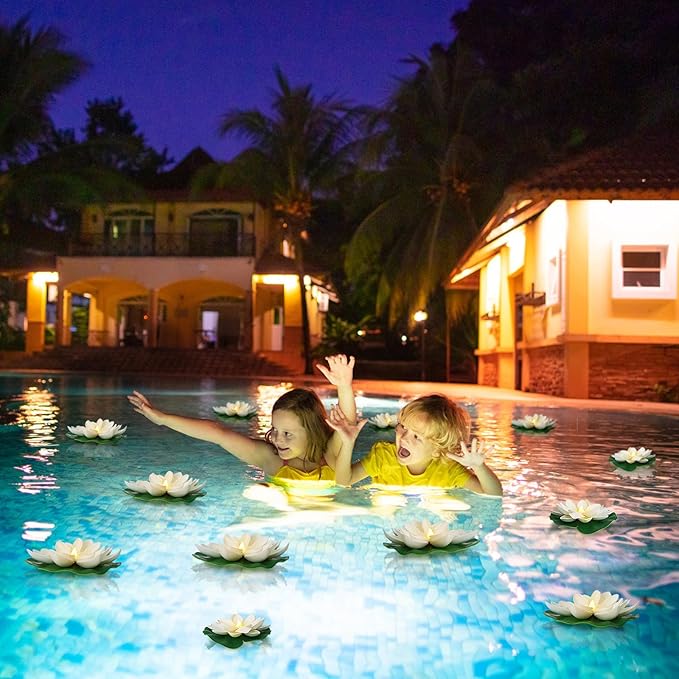 LACGO 12 PCS Waterproof Floating Lotus Light - 6'' Floating Flower Light Battery Operated Water Activated Warm White Pool Flower Lamp Wedding Anniversary Garden Decoration(6 Inch, White)