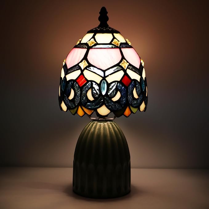Tiffany Lamp Stained Glass Mushroom Table Lamps 6X6X12.5 Inch Pink Jewelry Baroque Style Small Night Light Ceramic Base Mini Accent Desk Light Suitable for Bedside Table Bedroom Children Room