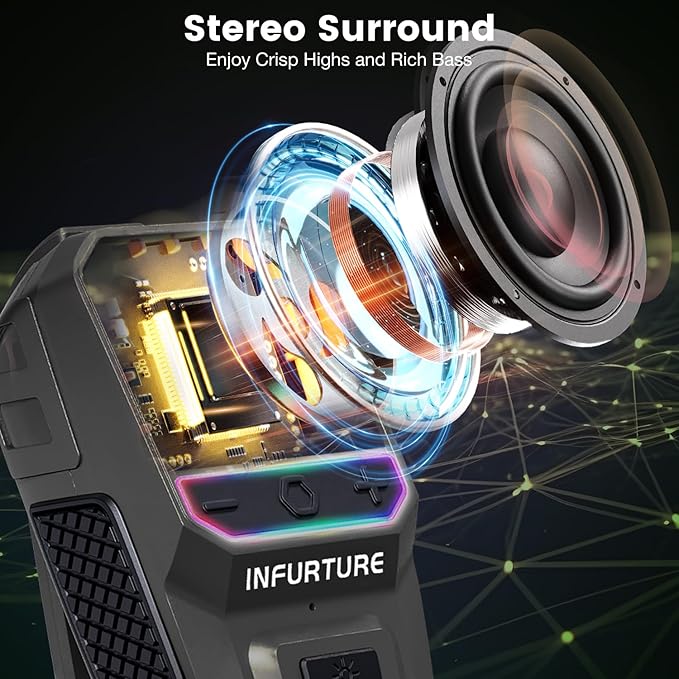 INFURTURE Wearable Bluetooth Speaker Clip on Speaker with RGB/Flashlight Shower Speake Built-in Noise Reduction Mic, Bathroom Speakers for Hands-Free Music/Calls-for Work/Riding/Outdoor, Ideal Gifts