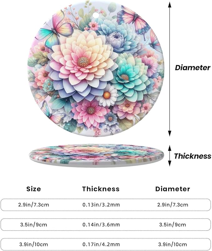 Rainbow Flower Christmas Ornaments, Christmas Decorations Xmas Tree Hanging Ornaments, Round Ceramic Festive Keepsake Gift for Xmas Decorations Holiday Home Decor