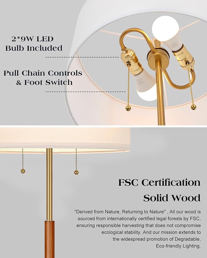 ELYONA 2-Light Wood Floor Lamp for Bedroom Mid Century Modern Standing Lamp White Fabric Shade Tall Pole Corner Light for Living Room Office 3 Color Temperatures 9W LED Bulbs Include, Brushed Brass