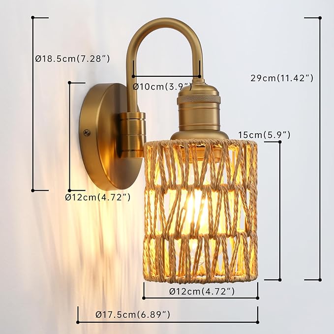 1-Light Vintage Gooseneck Sconce Wall Lighting with Rattan Shade, Boho Wall Sconce Hardwired Wall Lamp Fixture for Bedroom Bedside Hallway Living Room