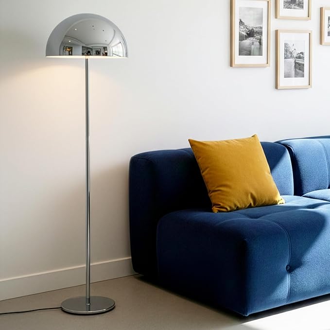 Brightech ONO Mushroom Floor Lamp - Modern LED Standing Lamp for Living Room, Bedroom - Color Changing LED Bulb, Metal Dome Lamp Shade - Contemporary Metallic Sculptural Design - Chrome