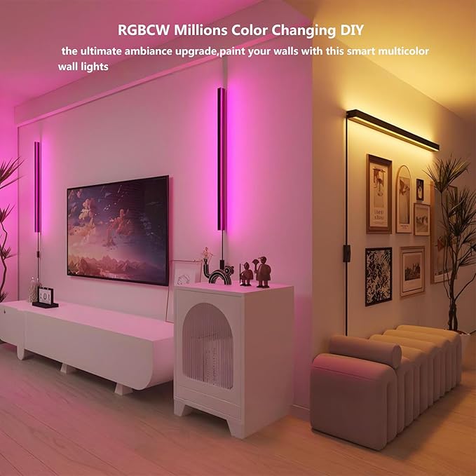 Smart Plug In Wall Lights Set of 2, RGBCW Color Changing LED Wall Sconces Works with Alexa, Goolge Home, Smart App, 23.6In Modern Black Indoor Wall Lamp for Bedroom, Living Room, Hallway, Music Sync