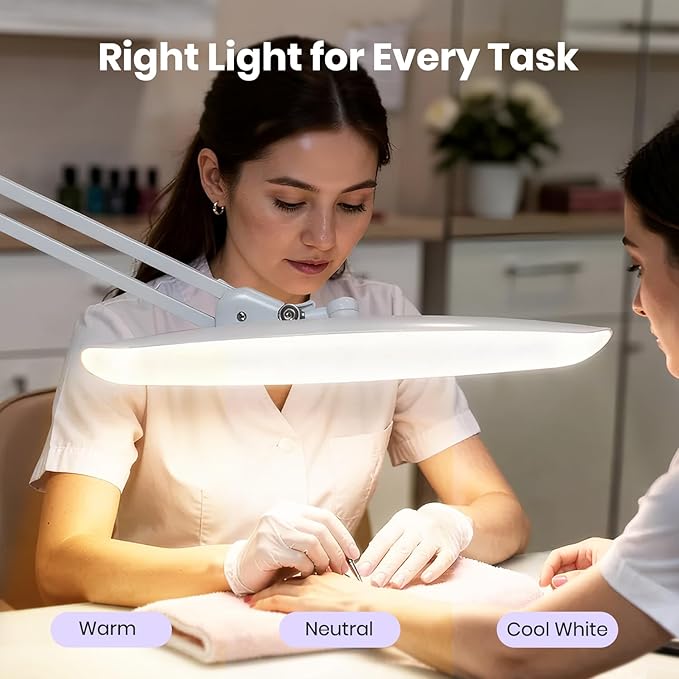 Neatfi XL LED Desk Lamp with Clamp, 2200 Lumens, 20W, 20-Inch Wide Head, Dimmable 4 Brightness Levels, 3 Color Modes 3000K–6000K, Task Light for Home Office, Crafts, Workbench (CCT, White)