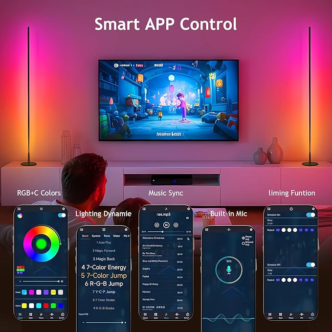RGB+IC Floor Lamp with App Control 1000 Lumens Smart LED Corner Lamp (Black 2pack)
