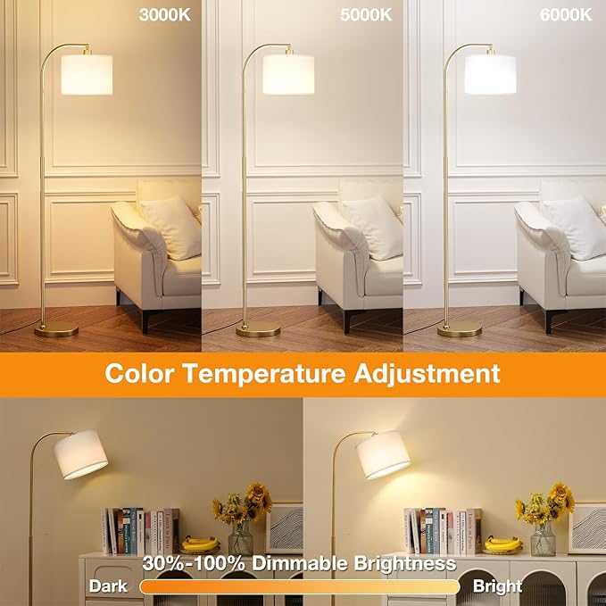 Ambimall Arc Floor Lamp with Remote and Stepless Dimmable Bulb, Colors Temperature & Brightness Adjustable, Floor Lamps for Living Room（White Shade & Gold Pole）