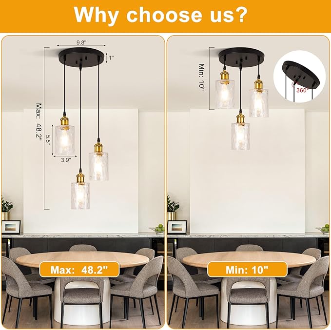 Modern Pendant Lights Kitchen Island, 3-Light Black and Gold Pendant Light Fixtures with Clear Hammered Glass Shade, Industrial Hanging Pendant Lights Fixture for Kitchen Island Dining Room Entryway