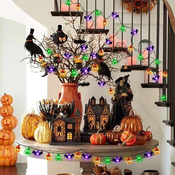 Halloween String Lights Battery Operated, Bat Ghost Spider Pumpkin Lights, Indoor Decorations for Cute Party Decor（3 Elements）