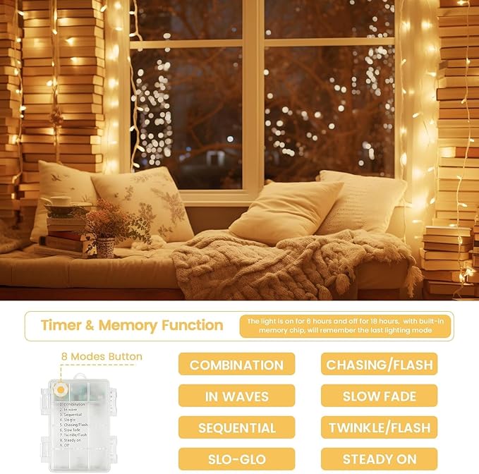 2 Pack Christmas String Lights Battery Operated with Timer, 33FT 100 LED Waterproof Twinkle Lights, 8 Modes Fairy Light for Indoor and Outdoor Bedroom Garland Tree Christmas Decorations (Warm White)